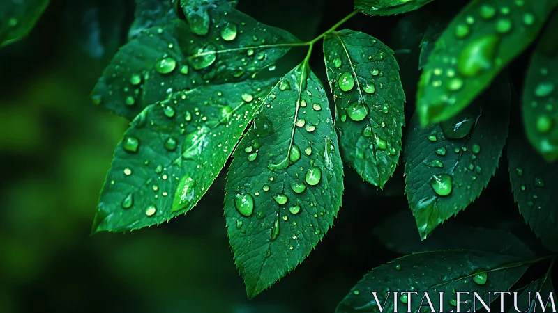 Green leaves with rain droplets in close natural focus.