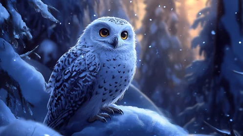 Snowy owl perched on snowy branch in magical winter forest scene.