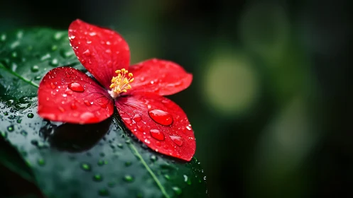 Red flower macro with rain droplets on dark green leaves.