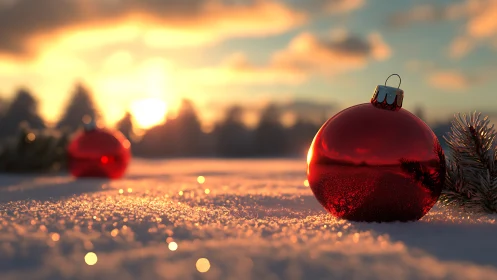 Red ornament glows warmly on snowy ground at winter sunset