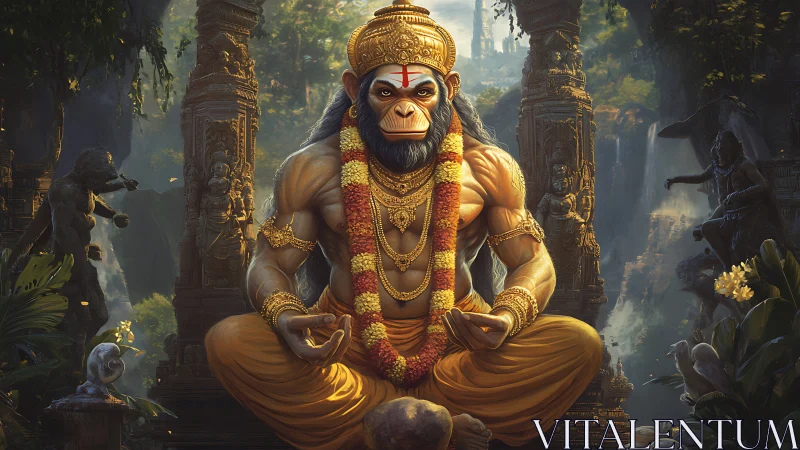 Simian deity in meditative asana amid carved jungle sanctuary.