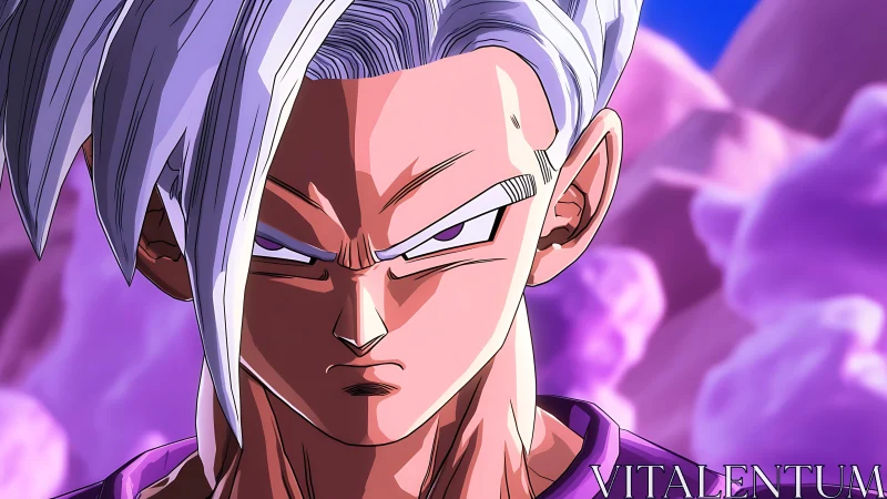 White‑haired manga character in intense frontal close‑up.
