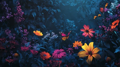 Twilight Garden: Vibrant Blooms Dancing in Blue.