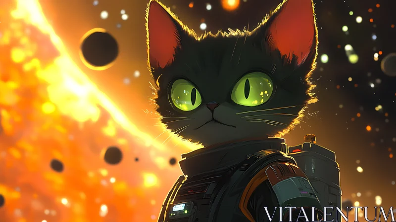 Spacefaring cat wearing detailed suit watches glowing planets