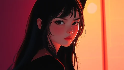 Dark haired girl gazes back through warm sunset window light