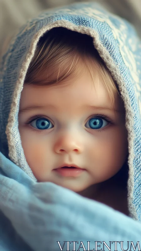 Toddler with Striking Blue Eyes Wrapped in Soft Fabric.