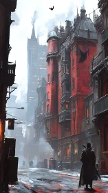 Crimson gothic tenements tower over fogbound city street.