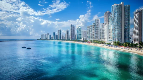 High-rise beachfront skyline meets calm turquoise ocean waters.
