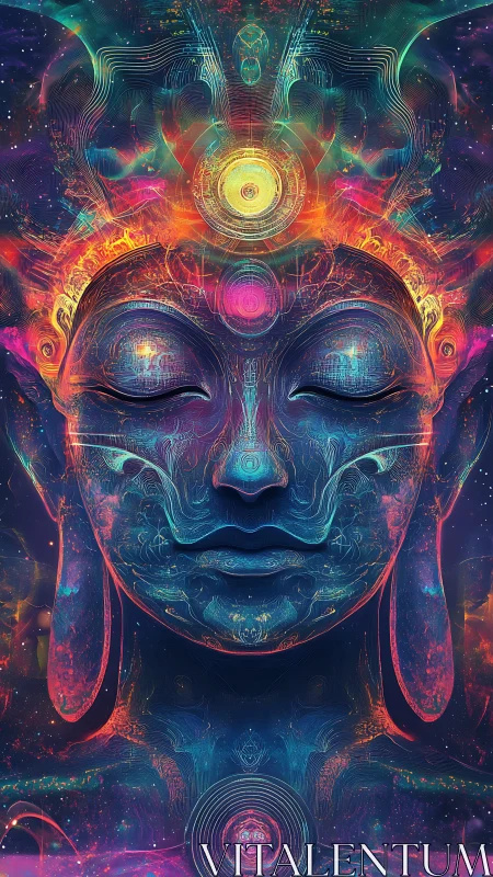 Cosmic deity portrait radiates neon fractal enlightenment.