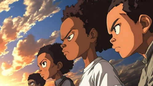 Four determined youths in profile under high-contrast sunset sky