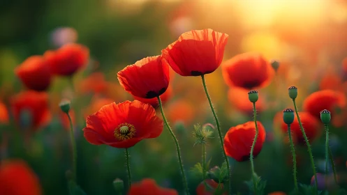 Red poppies in field with selective focus backlighting.