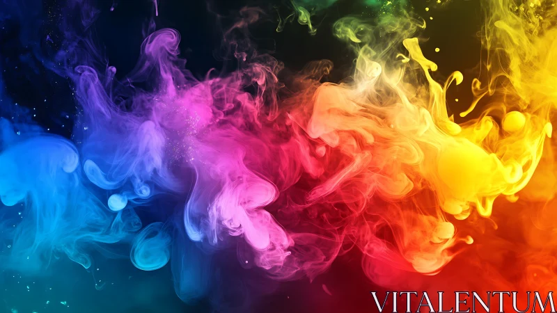 Vibrant multicolor ink clouds swirl through dark liquid space.