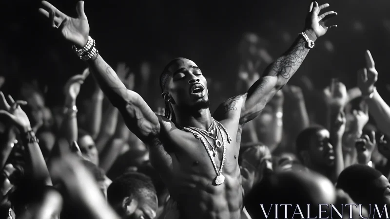 Monochrome torso-lit performer in ecstatic crowd convergence.