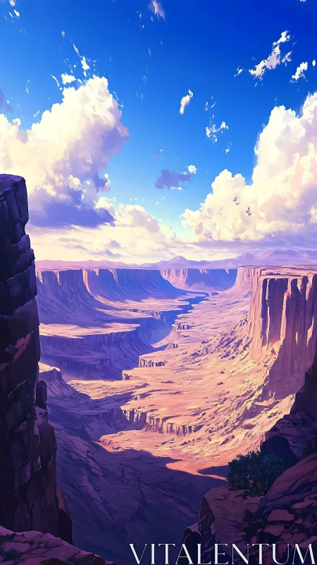 Expansive stylized canyon under bright blue sky.