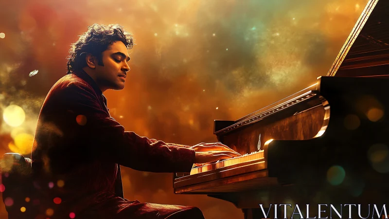 Pianist plays grand piano under glowing golden bokeh haze