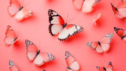 Coral gradient butterflies arranged on monochrome studio ground