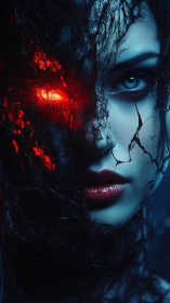 Demonic corruption engulfs woman face in cold blue light