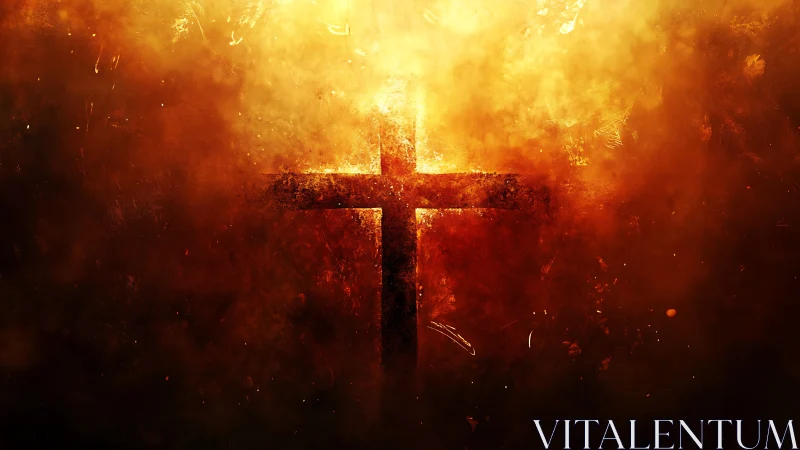 Fiery cross emerging from molten light and sacred ember haze.