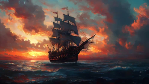 Tall ship sails across rough sea under vivid sunset sky.