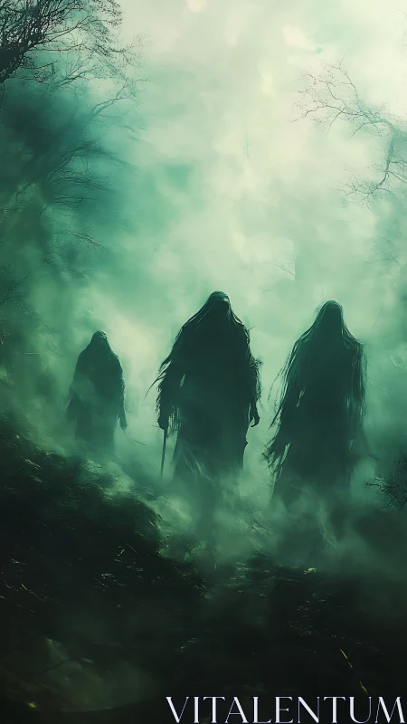 Hooded wraiths emerge through eerie green forest fog.