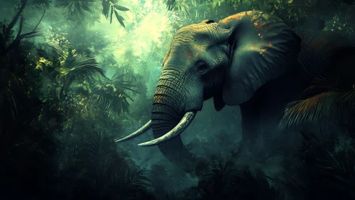 Majestic jungle elephant strides through emerald misted foliage.