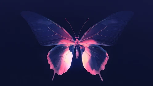 Neon butterfly spreads translucent wings on deep indigo field