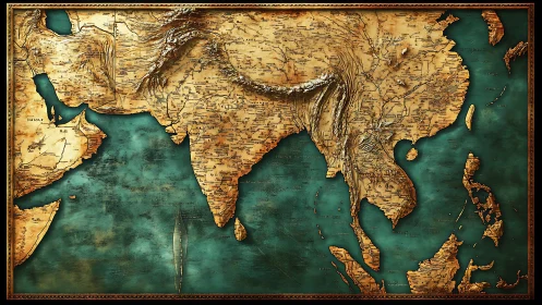 Textured relief map of South and Southeast Asia on teal sea.
