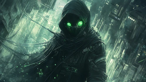 Neon-eyed data wraith drifts through a drowned cybercity