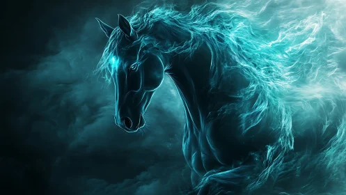 Ghostly turquoise horse head forms from glowing energy