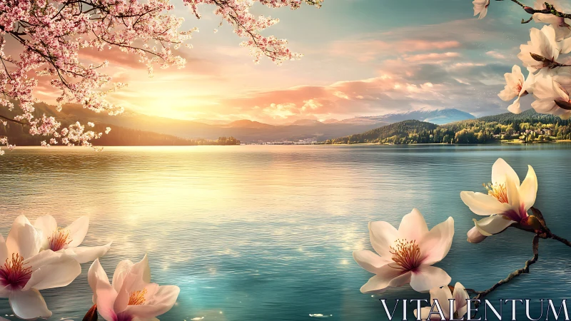Spring blossoms framing tranquil mountain lake sunset.