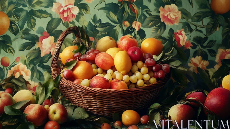 Woven fruit basket anchors a saturated floral still life study