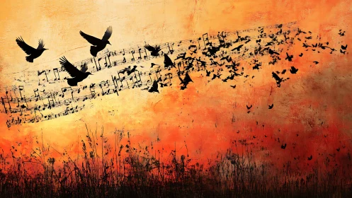 Bird silhouettes rise as musical notes scatter at sunset