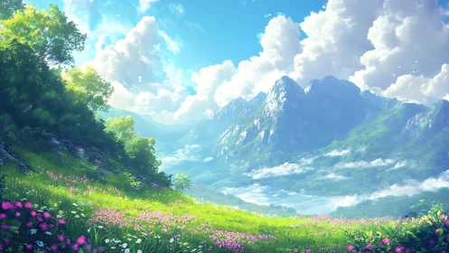 Morning light pours across a bright mountain wildflower meadow