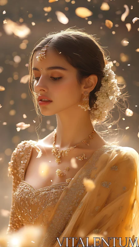 Golden petals drift as a quiet bridal daydream blooms