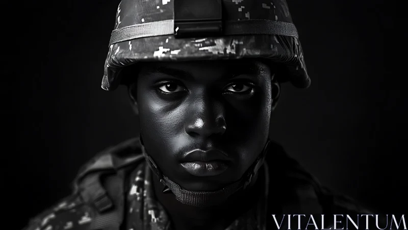 Steady gaze of a young soldier in stark monochrome light.