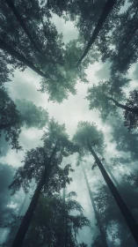 Tall Forest Canopy Shot Looking Up Through Misty Trees