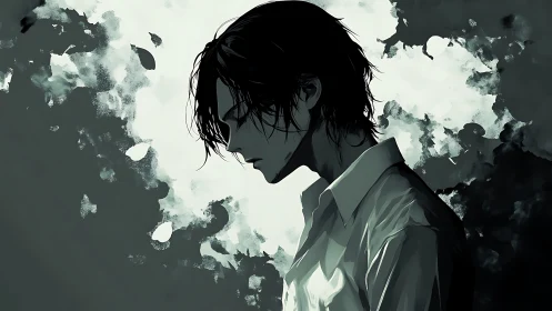 Solitary profile amid dissolving monochrome clouds.