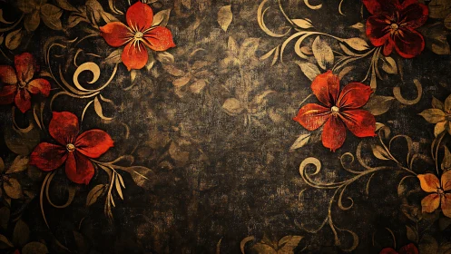 Red floral ornaments on dark textured ornamental background.