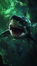 Digital great white shark lunges through dark green abyss.