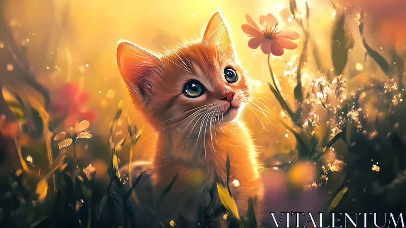 Kitten in Sunlit Wildflower Field with Warm Glow.