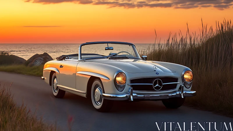 Photorealistic classic roadster at coastal sunset, low-angle framing.