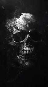 Fragmented monochrome skull dissolves into particulate debris