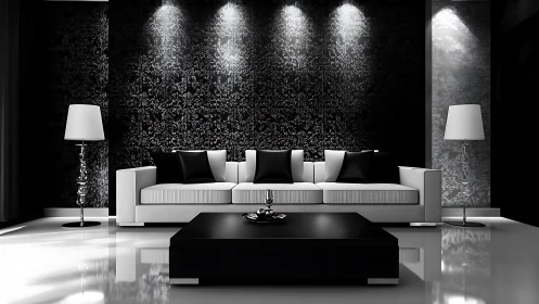 Monochrome luxury living room with dramatic accent lighting.