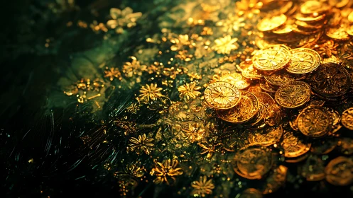 Golden river of coins quietly overflows into floral sparks