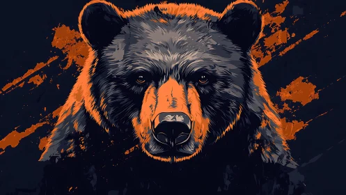 Bold bear portrait glows with fiery orange strength and calm