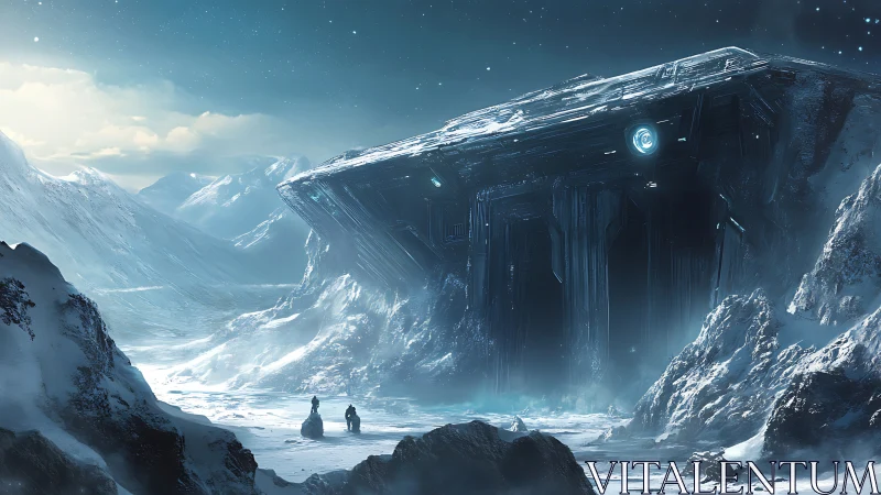 Ancient alien facility looms over explorers in icy canyon.