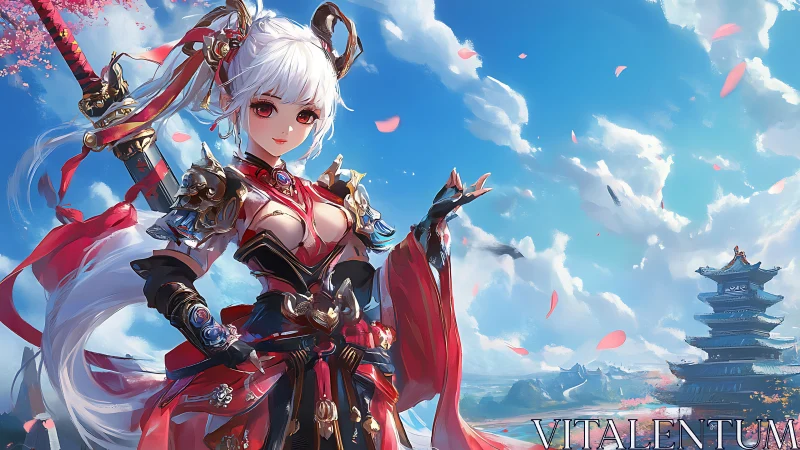 Sword-wielding anime warrior greets a vivid spring sky.