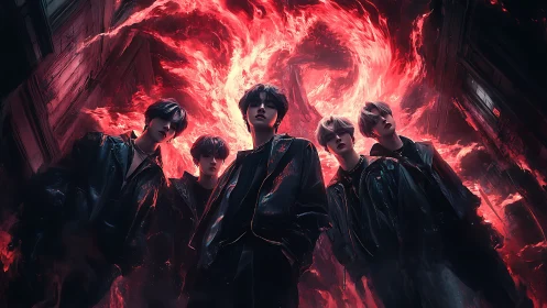 Five dark-clad youths under swirling fiery red vortex sky.