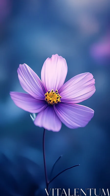 Purple Cosmos Flower Against Blue Blurred Background.