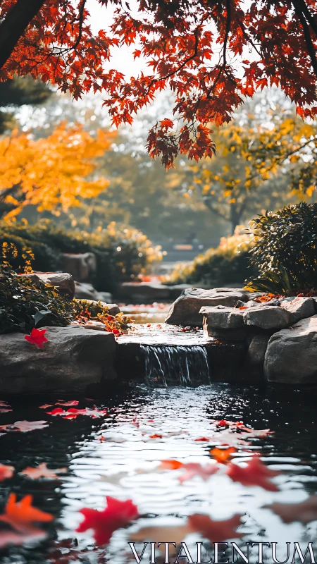 Vertical image shows garden stream with rocks and foliage